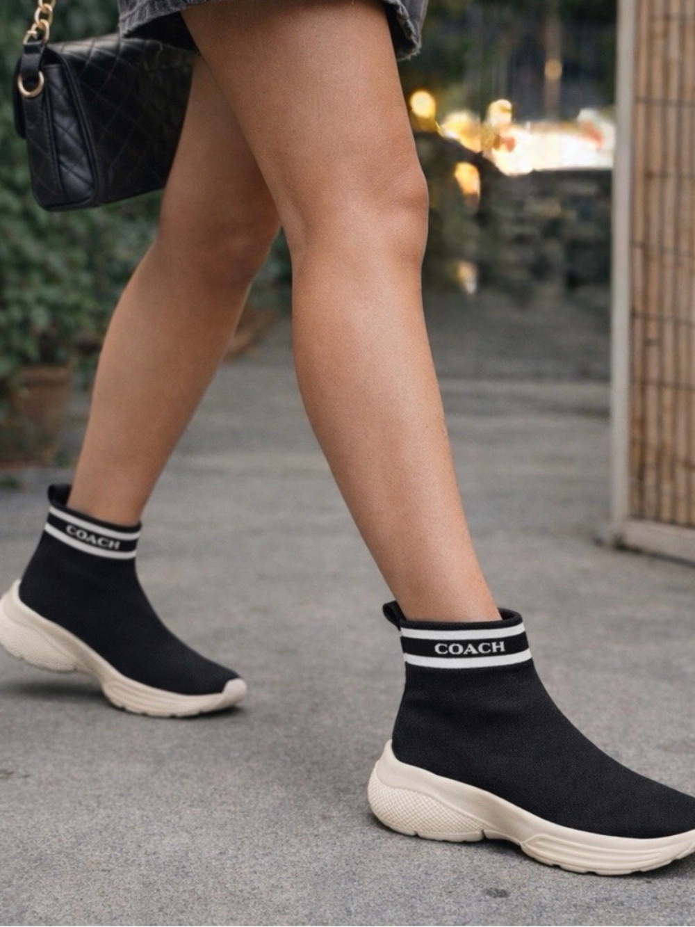 COACH Black Knit Sock Sneakers with Cream Sole, Size 8.5/38.5